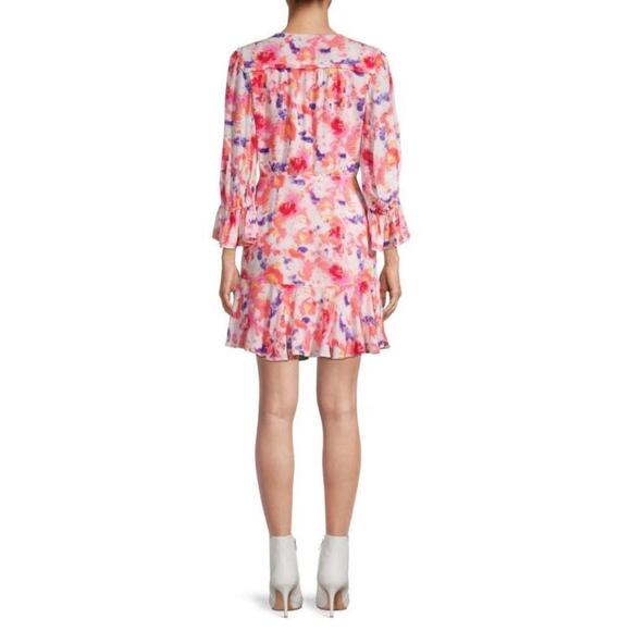 Betsey Johnson Sunset Floral Faux Wrap Dress Pink Yarrow Sz 2 Ruffle V-Neck NWOT - Picture 2 of 12